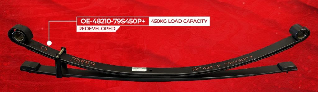 The image displays a leaf spring for Landcruiser suspension. The leaf spring is rated at 450 kilograms and is of a parabolic design. 